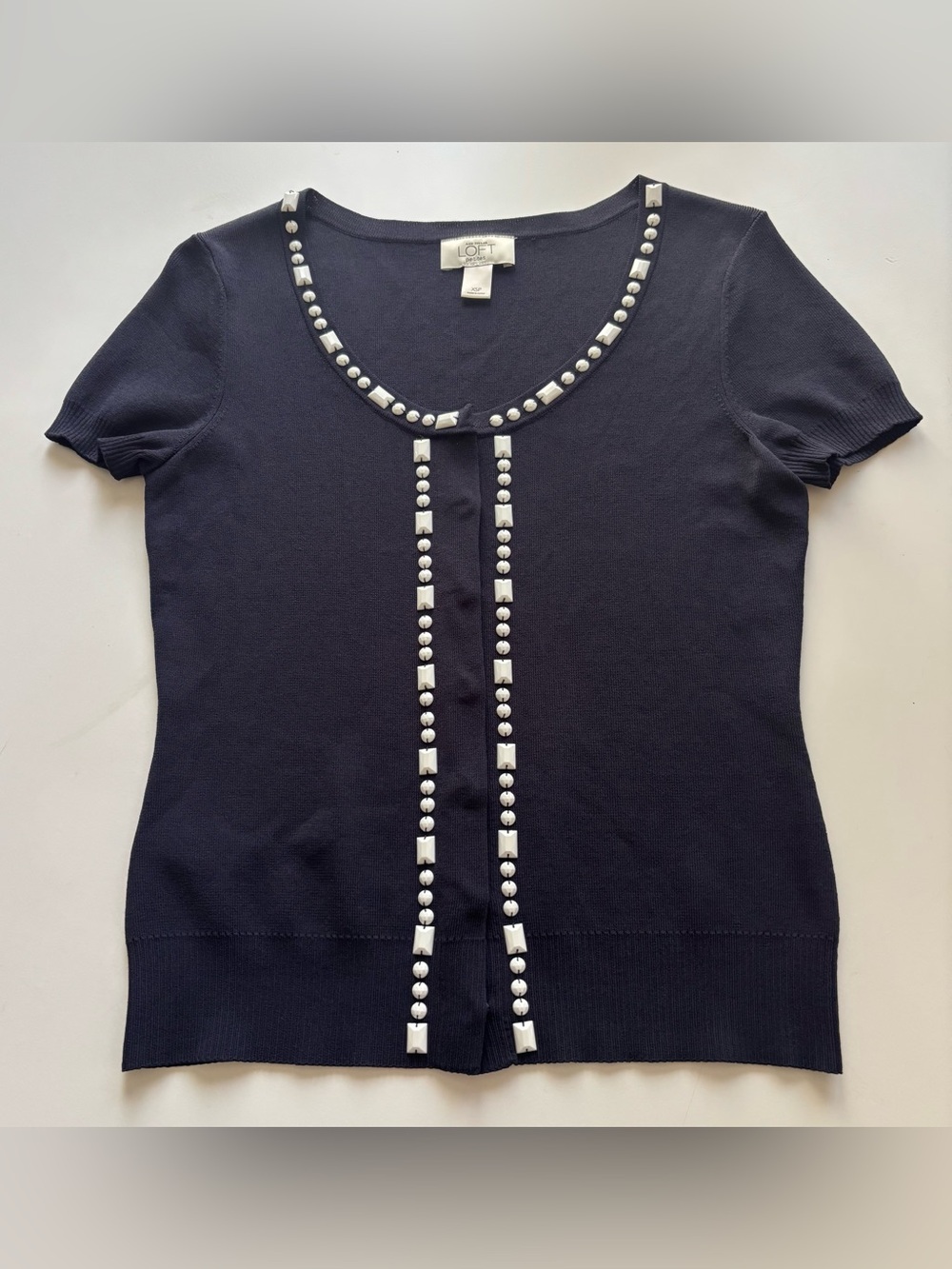 LOFT petites ribbed beaded cardigan XSP navy blue white short sleeve